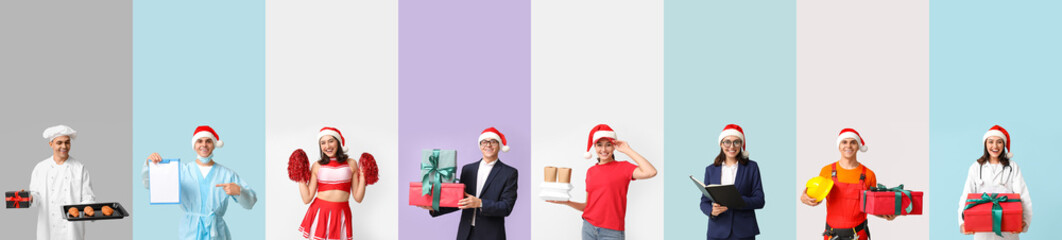 Collage of young woman and man in uniforms of different professions on color background.Christmas celebration