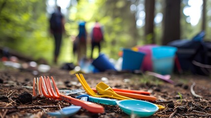 A disturbing scene of litter scattered in a once-pristine natural environment, showcasing the negative impact of human negligence on nature with various types of waste polluting the landscape.