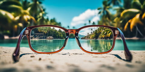 destination tropical scene in glasses reflec, AI Generative. - obrazy, fototapety, plakaty