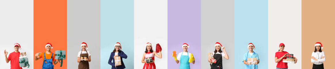 Set of young woman and man in uniforms of different professions on color background.Christmas celebration