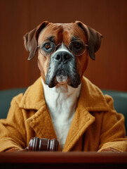 A serious-looking dog dressed as a lawyer ready for court.