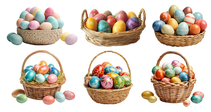 Collection set of basket of colourful hand painted decorated easter eggs on transparent background cutout, PNG file. Many different design. Mockup template for artwork design