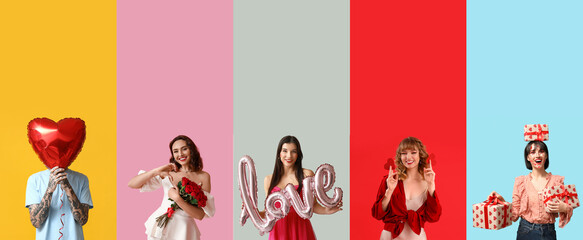 Collage of young people celebrating Happy Valentines Day on color background
