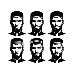 set of muslim man face silhouette vector black and white