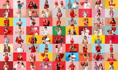 Big collage of different people celebrating Happy Valentines Day on color background