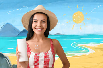 Happy young woman in swimsuit and with sunscreen cream on drawn sea beach
