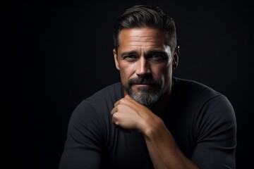 Portrait of a handsome bearded man on a black background. Men's beauty, fashion.