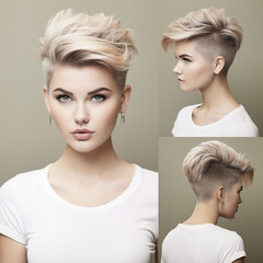 Eine junge Frau mit einem Kurzhaarschnitt (pixie haircut)