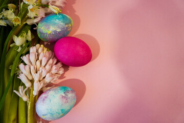 Happy easter! Flat Lay, postcard or Internet banner with Copy Space on Easter
