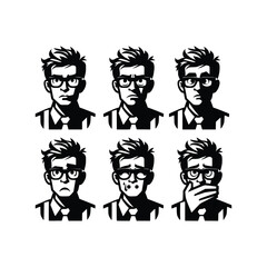 set of geek man face silhouette vector black and white
