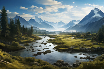Fototapeta na wymiar Beautiful peaceful landscape with mountain river and blue sky.