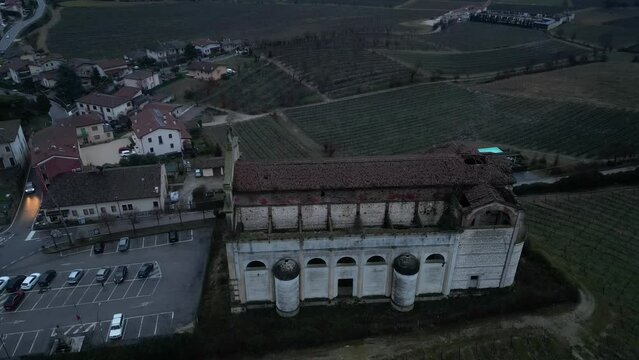 Brendola Incompiuta Cathedral, Vicenza Italy. Aerial view of the church on a cloudy afternoon.