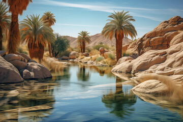 Fototapeta premium Landscape painting of an oasis with date palms in the African desert