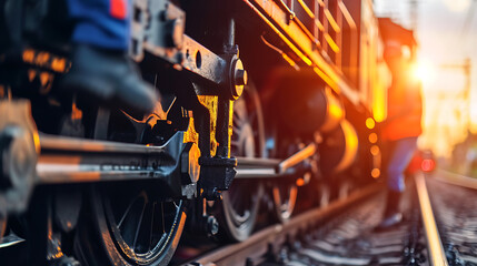 Um close-up de engenheiros realizando manutenção em uma locomotiva ferroviária exibindo a expertise técnica necessária na indústria de transporte