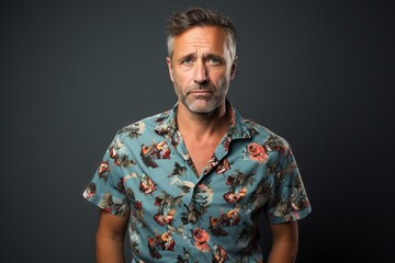 Handsome middle age man with beard and floral shirt on grey background