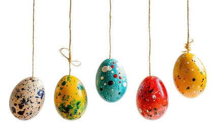 speckled painted Easter eggs hanging on golden string