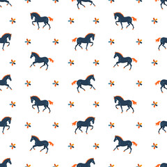 Cute running horses and flowers, seamless vector pattern