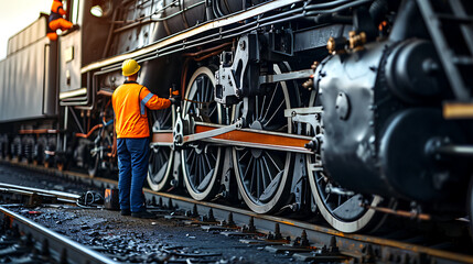 Um close-up de engenheiros realizando manutenção em uma locomotiva ferroviária exibindo a expertise técnica necessária na indústria de transporte - obrazy, fototapety, plakaty