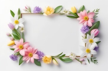 Frame of flowers on white marble background with blank space for text. Top view, flat lay.
