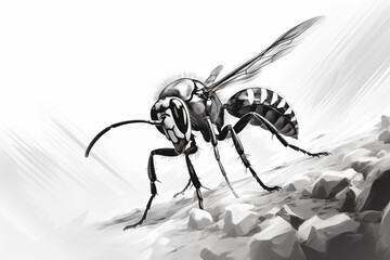 Close up of the head of a wasp hornet ready to attack and sting bug with wings and wild insect in monochrome style hand drawn black and white generative ai - obrazy, fototapety, plakaty