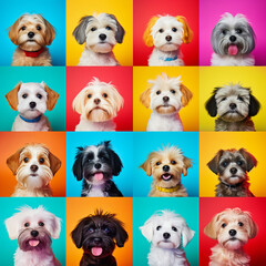 Obraz premium Various dog portraits on colorful backgrounds.
