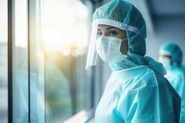 Healthcare worker in protective gear looking out a window. Generative AI image