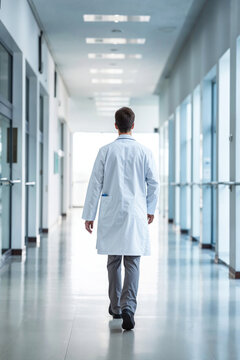 Doctor walking through hospital corridor. Generative AI image