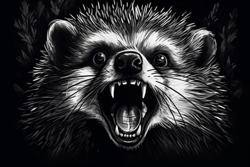 Close-up of the head of a raccoon ready to attack roar angry black and white illustrated hand drawn wild animal in monochrome style ai, generative, generative ai - obrazy, fototapety, plakaty