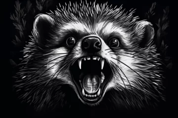 Fotobehang Close-up of the head of a raccoon ready to attack roar angry black and white illustrated hand drawn wild animal in monochrome style ai, generative, generative ai © Richard