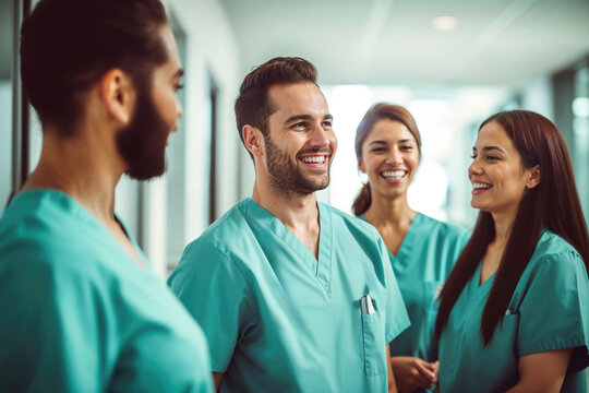 Smiling medical staff in hospital corridor. Generative AI image