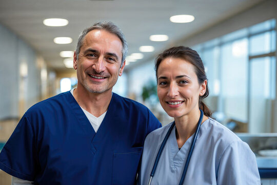 Smiling Medical Professionals in Hospital Corridor. Generative AI image