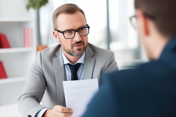 Man in Professional Attire Attending Job Interview, Empty Space for Text