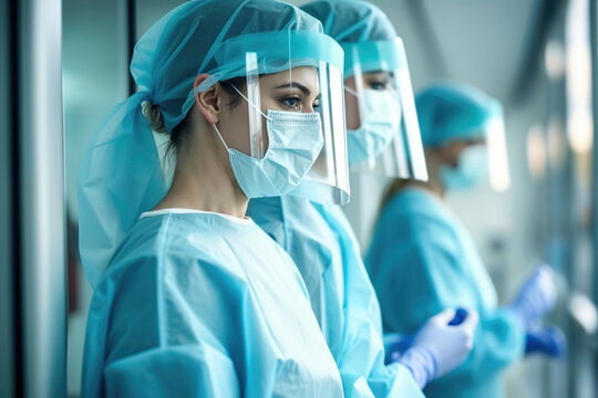 Female medical staff in protective gear in hospital corridor. Generative AI image