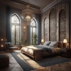 Bedroom interior in Moroccan style with modern bed in luxury house.
