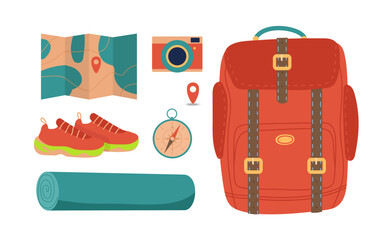 Camping element set. Camp element vector icon design illustration template. Backpack, sleeping mat, sneakers, camera, compass. Flat vector illustration for travel, nikes, tourism, voyage or vacation - obrazy, fototapety, plakaty