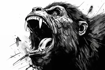 Fotobehang Close up of the head of a monkey ape angry ferocious and mean ready to attack roar angry black and white illustrated hand drawn wild animal in monochrome style ai, generative, generative ai © Richard