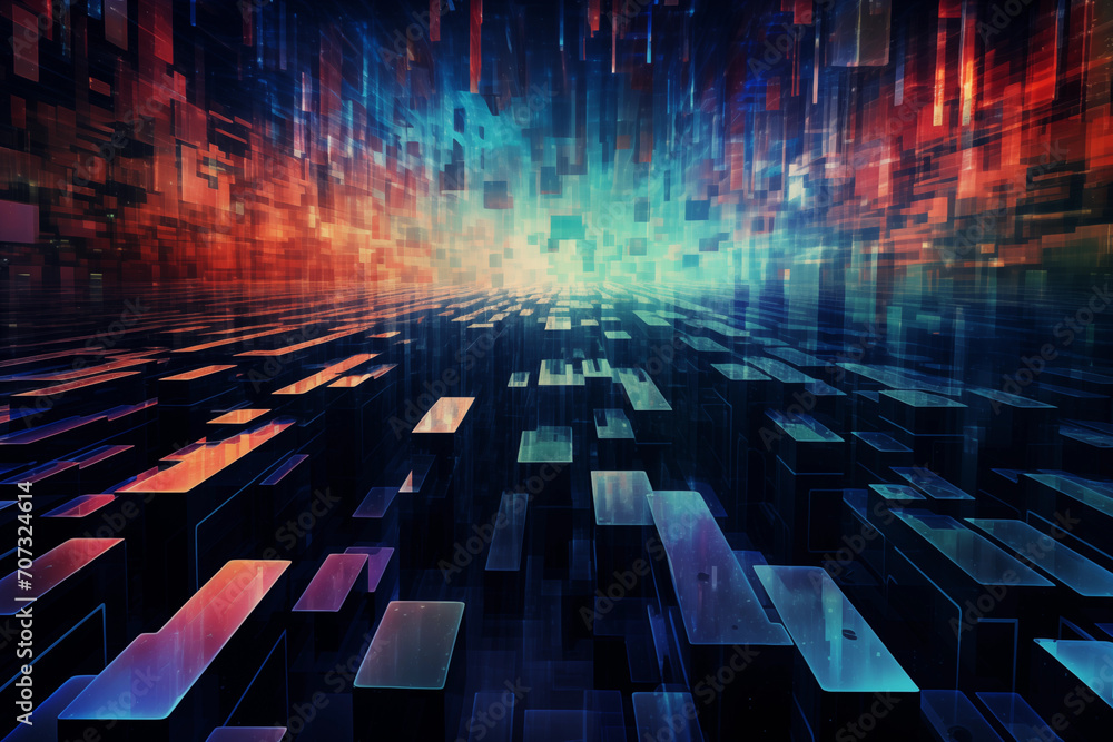 Aufkleber road in cyberspace made of orange and blue pixels of various sizes. matrix patterns.