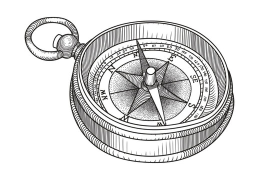 Antique vintage pocket compass for orientation. Linear sketch in cartoon style.