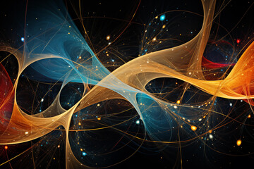 Abstract orange and blue neural patterns synthesizing complexity. Waves of ether in cyberspace