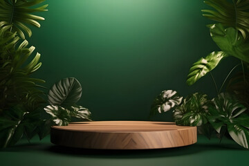 Wooden podium on green background with tropical leaves. 3d rendering
