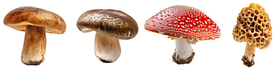 Set of Various Mushrooms on Transparent Background - Porcini, Shiitake, Fly Agaric, Morel