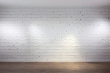 White brick walls and wood flooring for background or texture.