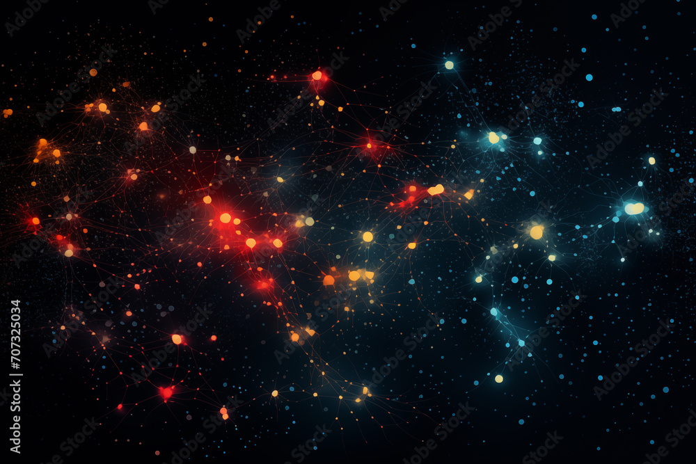 Poster neural patterns of abstract orange and blue constellations displaying celestial bodies on a black ba
