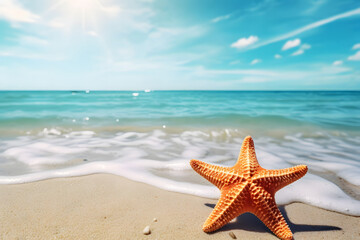 Fototapeta na wymiar Starfish on the beach with blue sky and sea background. Summer vacation concept.