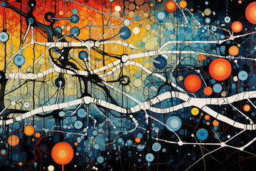Abstract background with circles and lines in blue, yellow and orange, connections neural patterns
