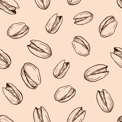 Vector seamless pattern of line art pistachio. Hand painted nuts on pastel beige background. Tasty food illustration for design, print, fabric or background.