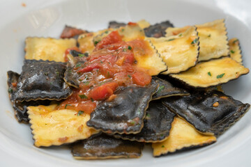 Plate of appetizing freshly boiled ravioli garnished with herbs. Isolated over white background
