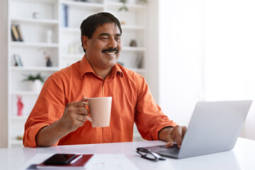 Fototapeta na wymiar Happy mature indian businessman drinking coffee and working on laptop