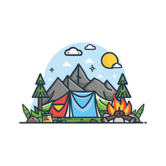camping,simple,minimalism,flat color,vector illustration,thick outlined,white background,