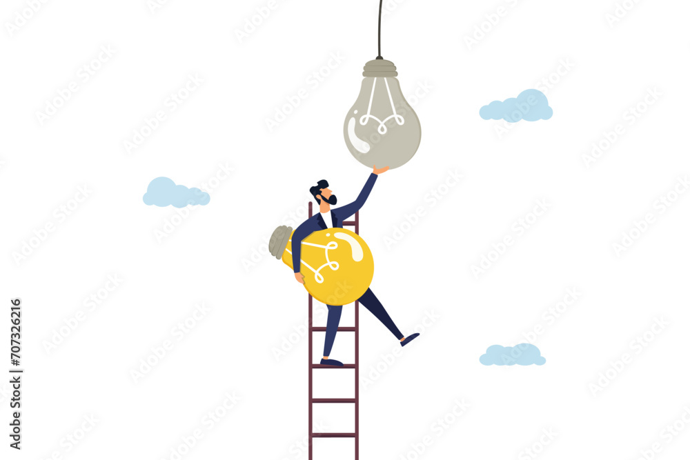 Poster success businessman leader climb up ladder to change lightbulb idea. change to new innovation, trans